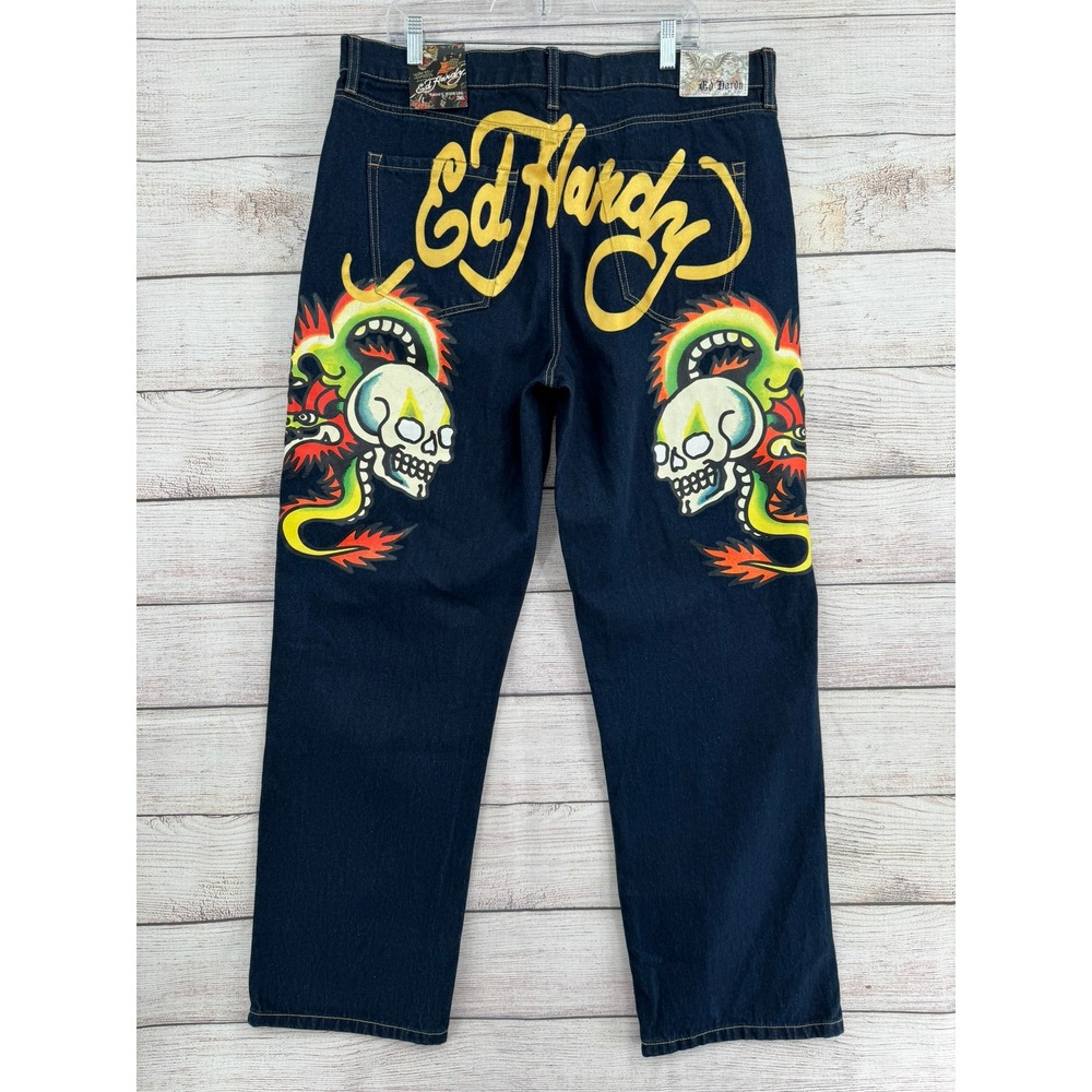 Ed Hardy Jeans Mens 36 Raw Blue Baggy Wide Leg Skull Dragon MEHD8305-1